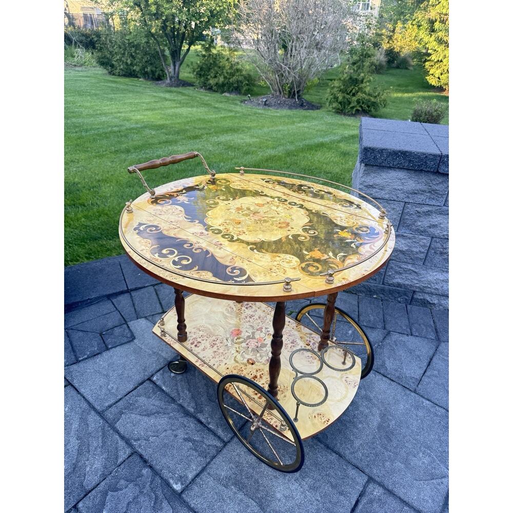 VTG Italian Marquetry Tea & Bar Cart Wood Serving Drop Leaf ~Great For Display